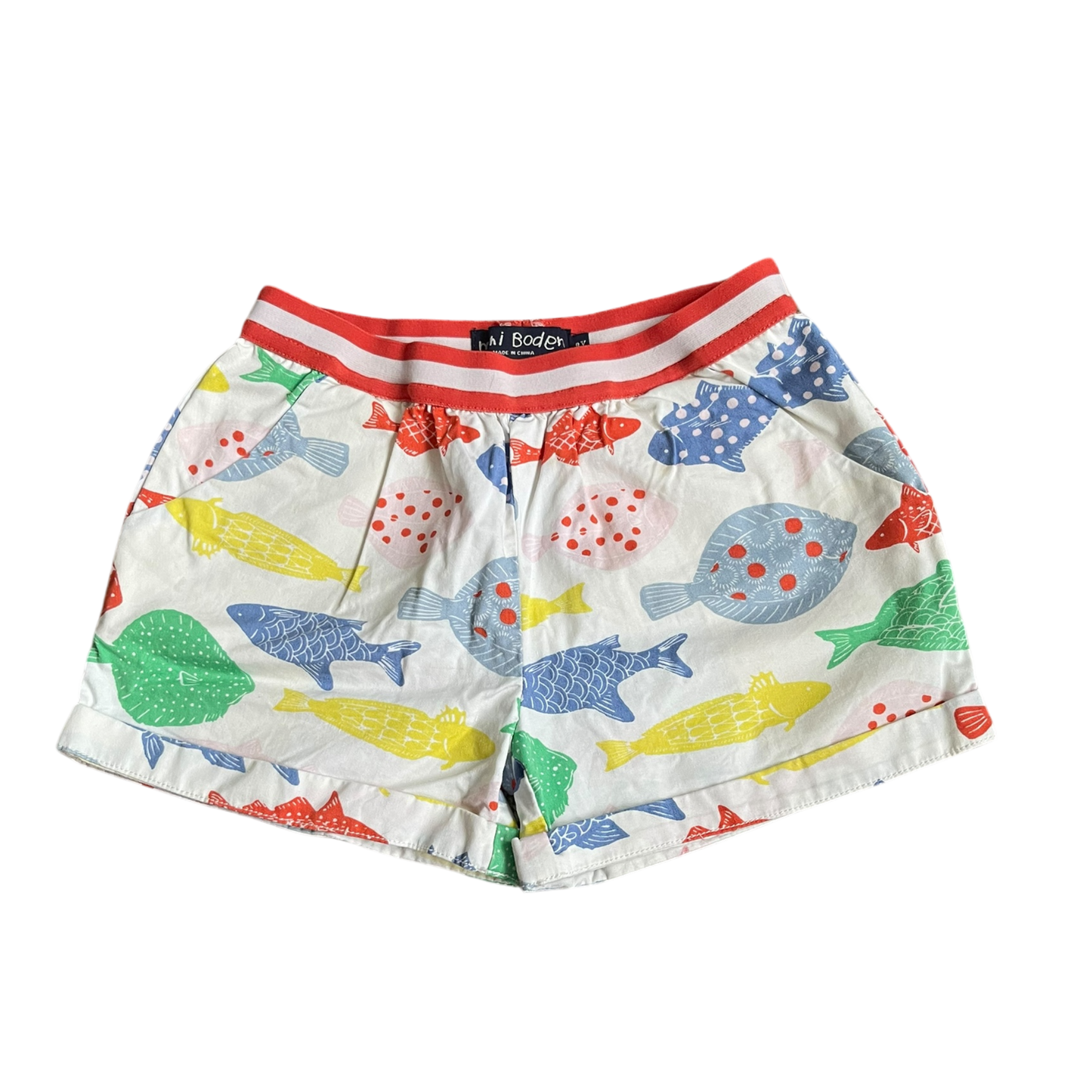 Girls mini boden white with red green and blue Short size 8